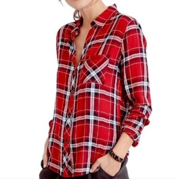 Rails Tops - Rails Hunter Crimson/Navy Long-Sleeve Button Up - Women's Shirt Size M
